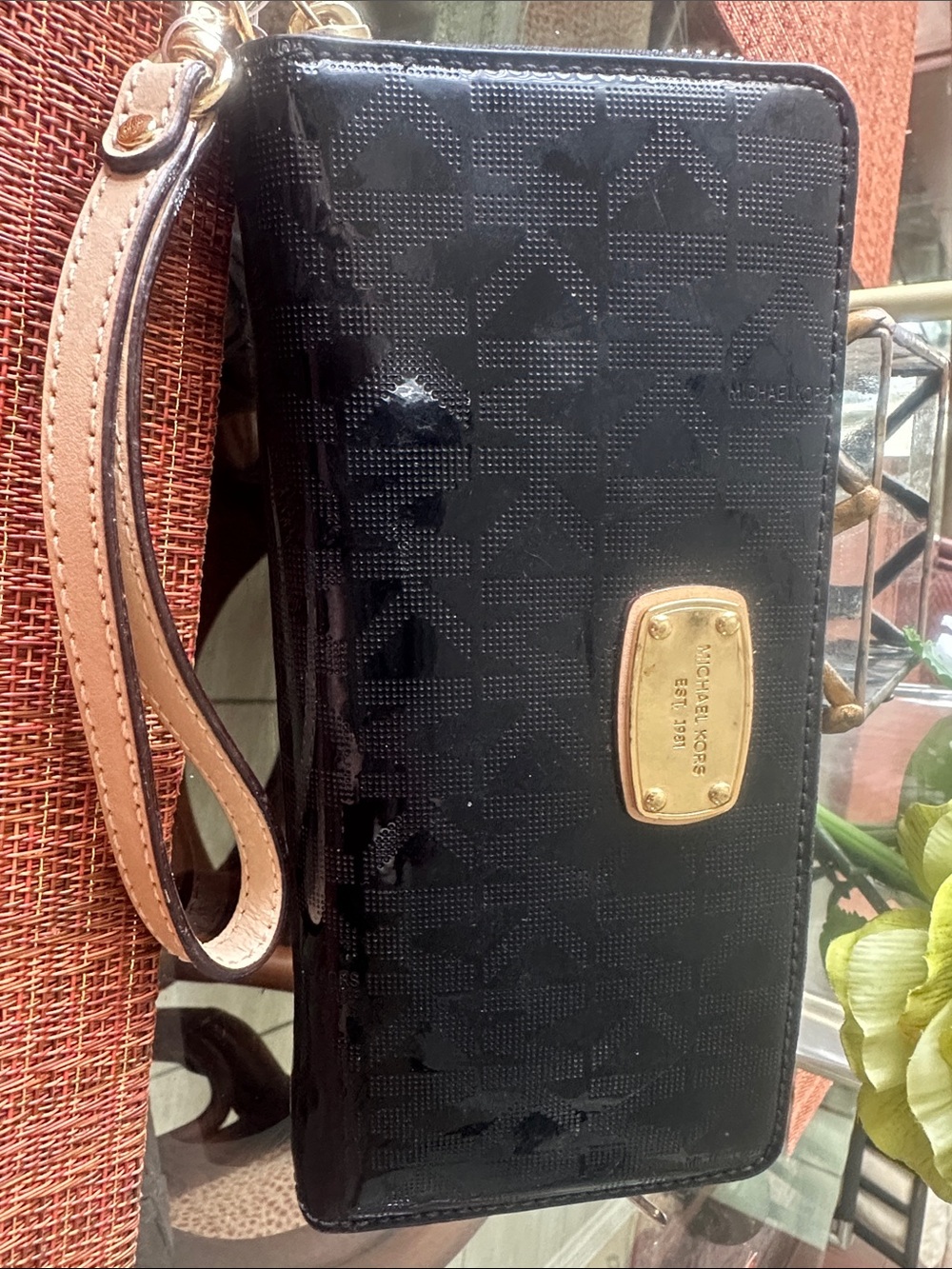 Michael Kors Black Patent Wristlet with Tan Strap and Gold Plaque